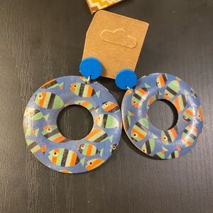 Blue Round Retro Fish Pattern Earrings | Bold Artistic Statement
